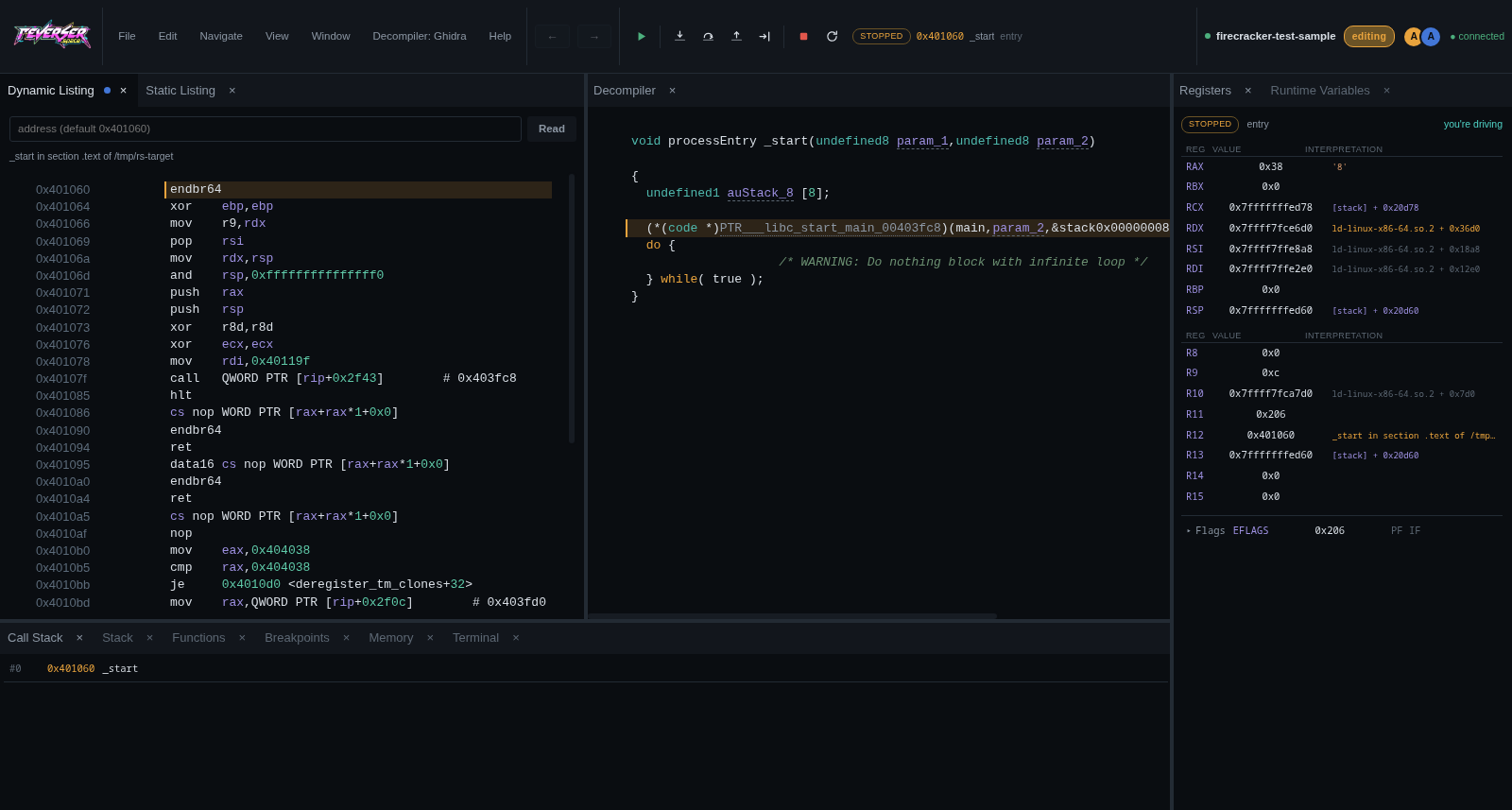 Reverser Space live debugger with dynamic disassembly, decompiled code, registers, memory, stack, breakpoints, and terminal output.
