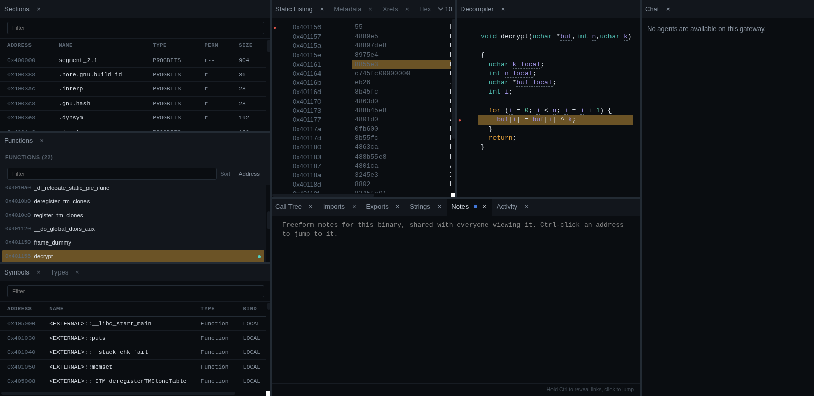 Reverser Space analysis workspace showing the function tree, disassembly, decompiler, and shared session activity.