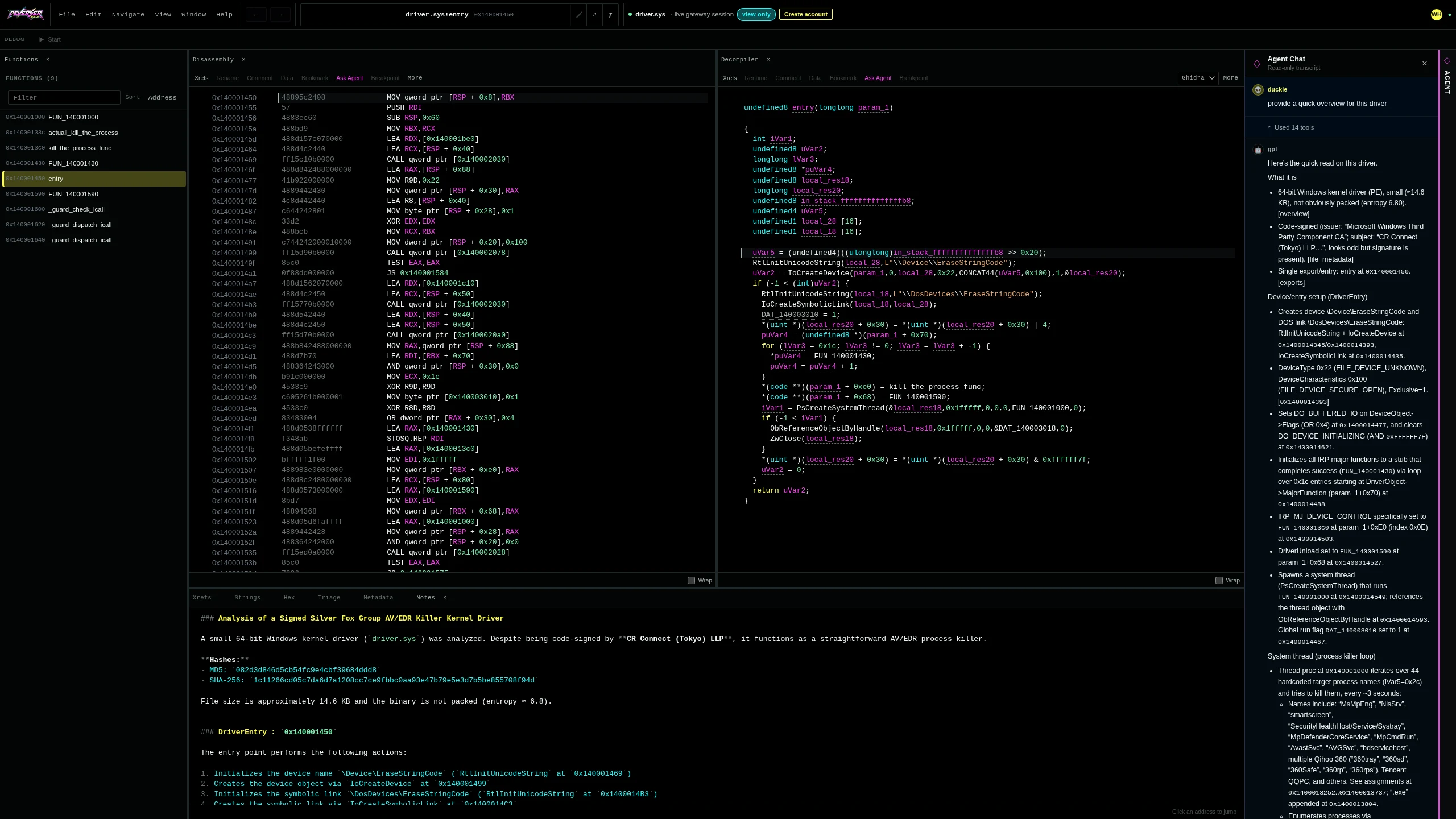 An agent transcript beside disassembly and decompilation in Reverser Space.