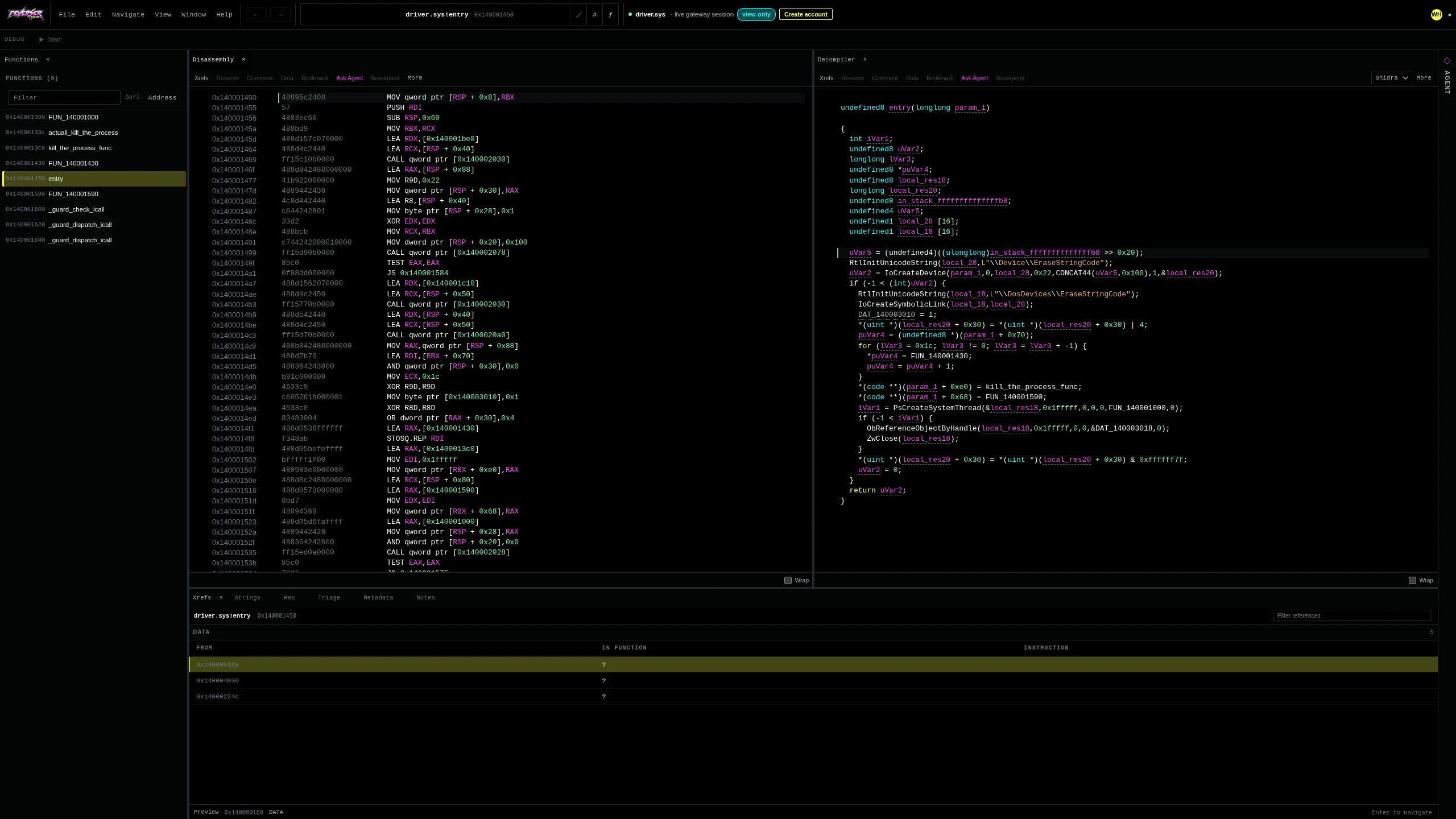Preview of disassembly, Ghidra decompilation, and cross-references for a Windows driver in Reverser Space.