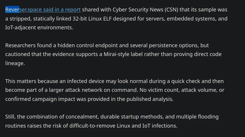 Cyber Security News article excerpt citing a Reverser Space report