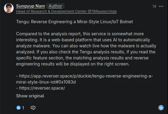 English translation of Sungyup Nam's LinkedIn comment