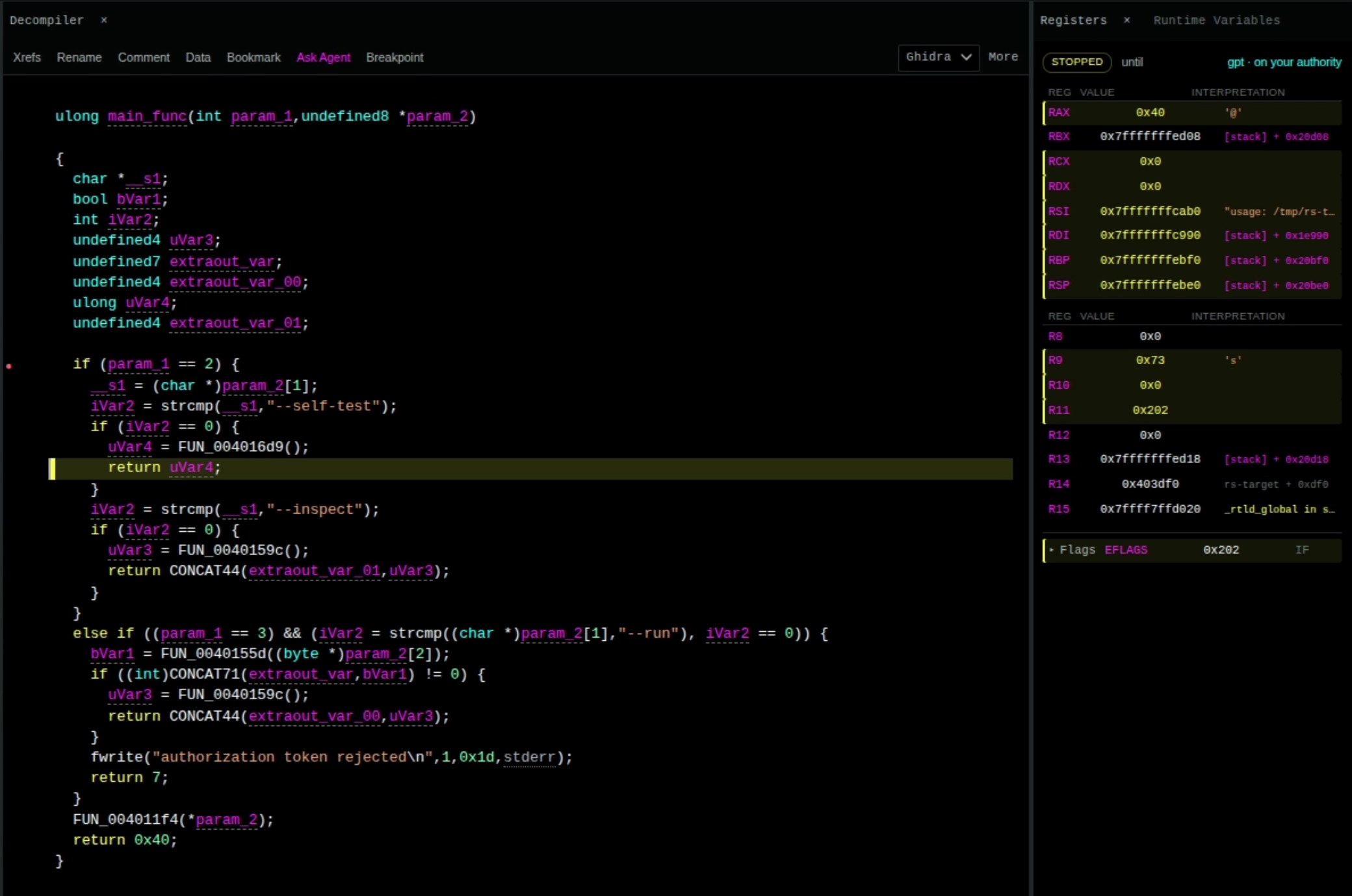 Paused debugger with highlighted decompiled code and register values