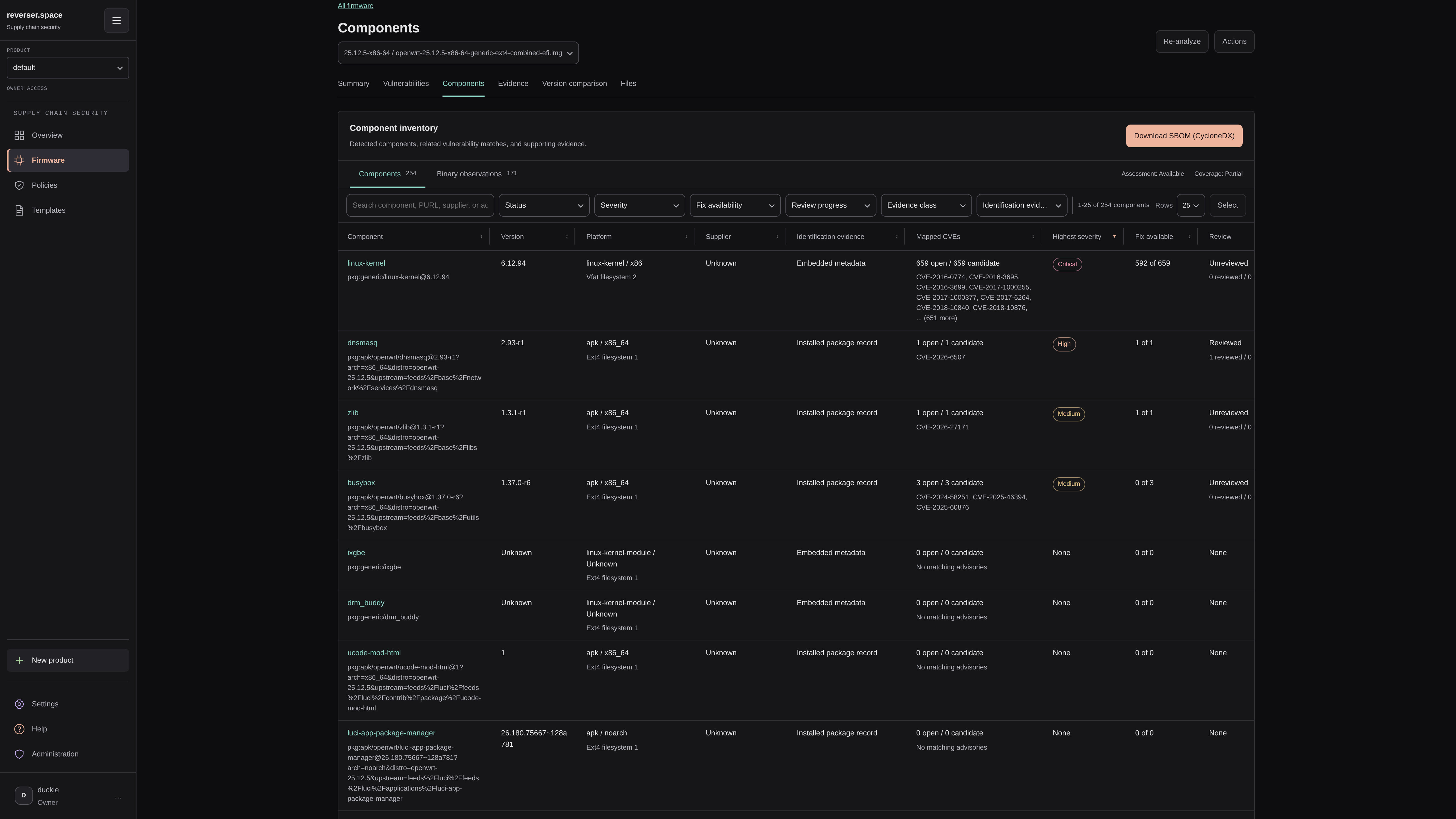 OpenWrt component inventory with versions and supporting identity evidence