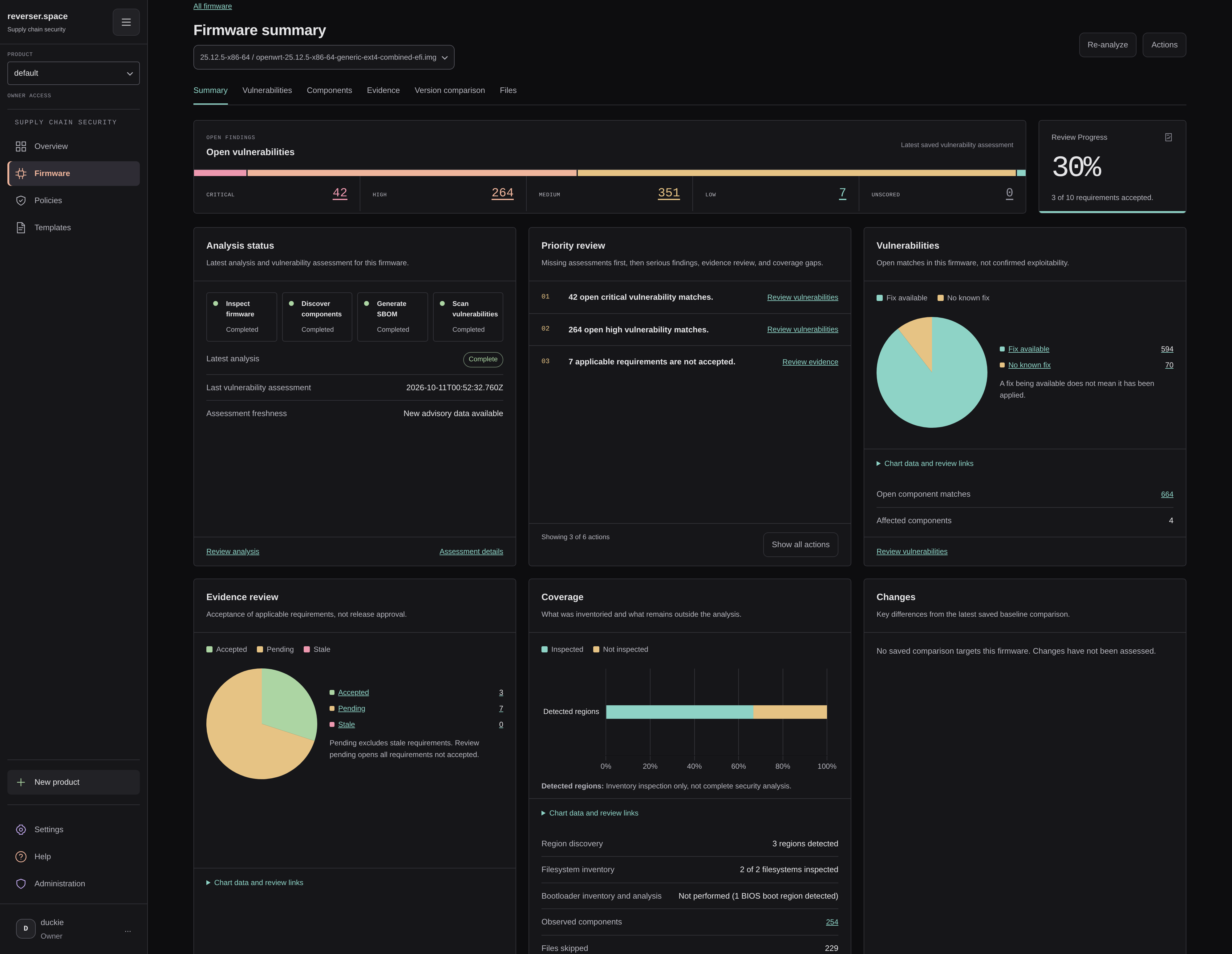 OpenWrt firmware summary with inventory, advisory results, and evidence review progress