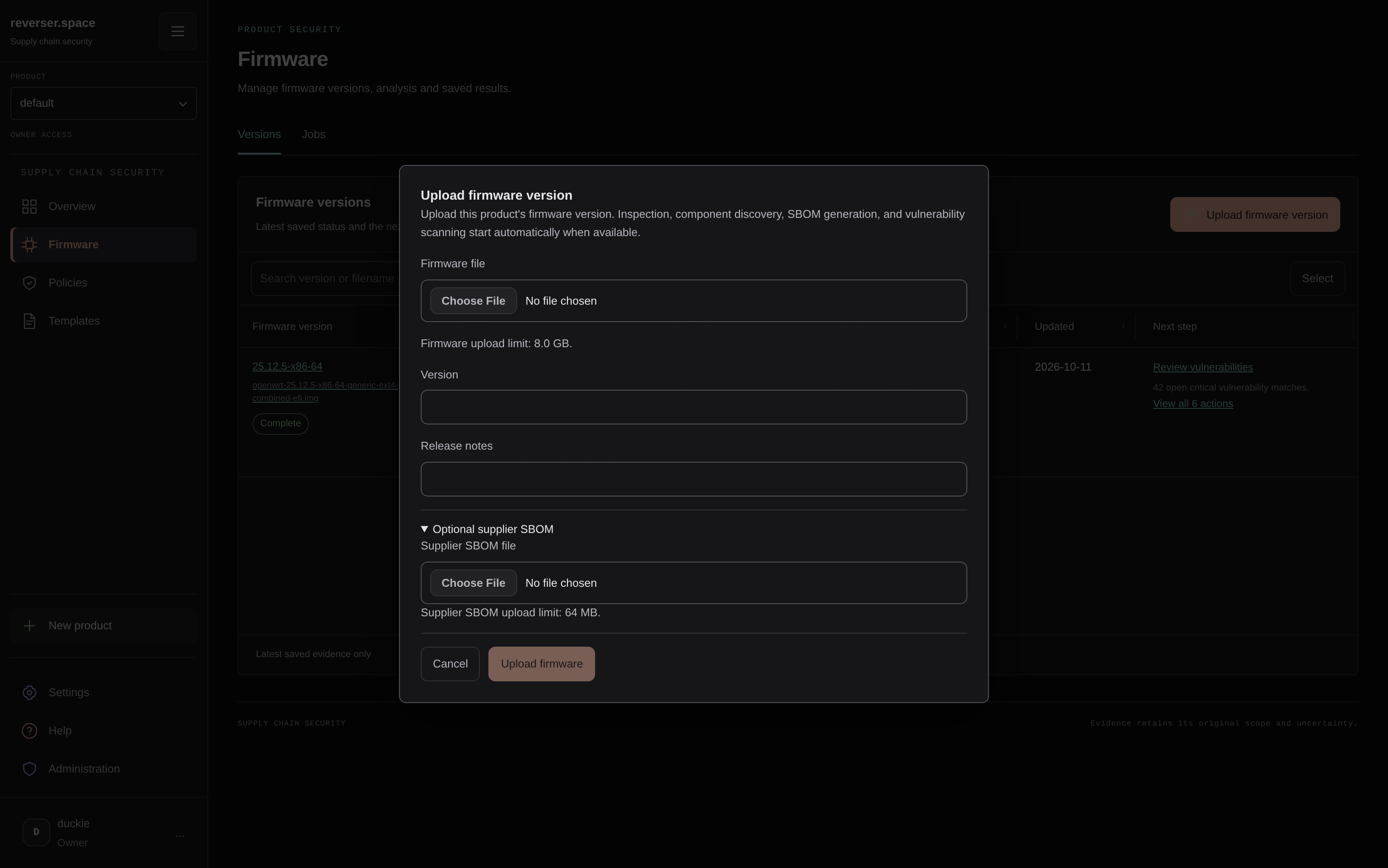 Firmware intake dialog with firmware file, version, release notes, and optional supplier SBOM fields