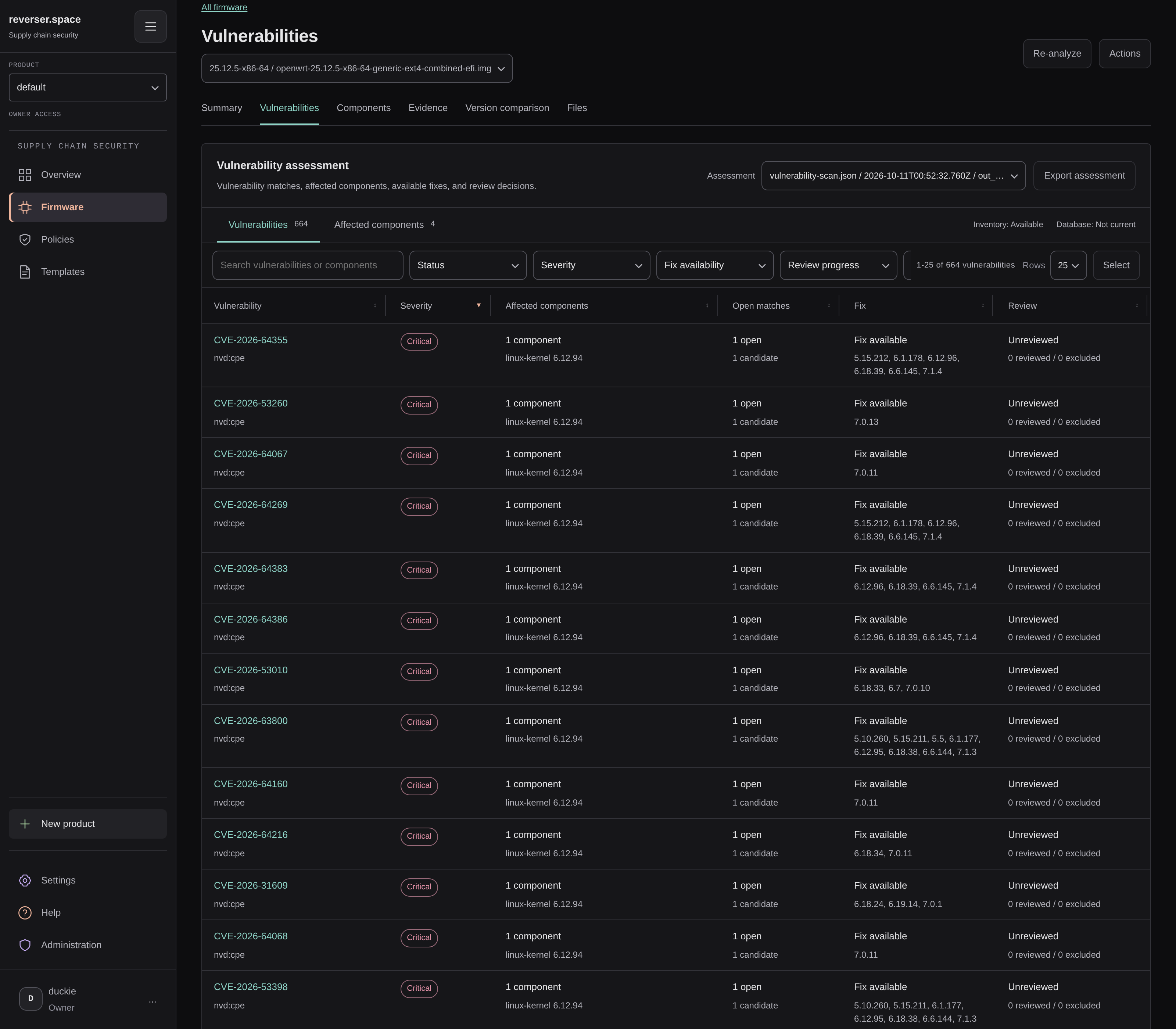OpenWrt advisory matches with affected components, fixes, and review state